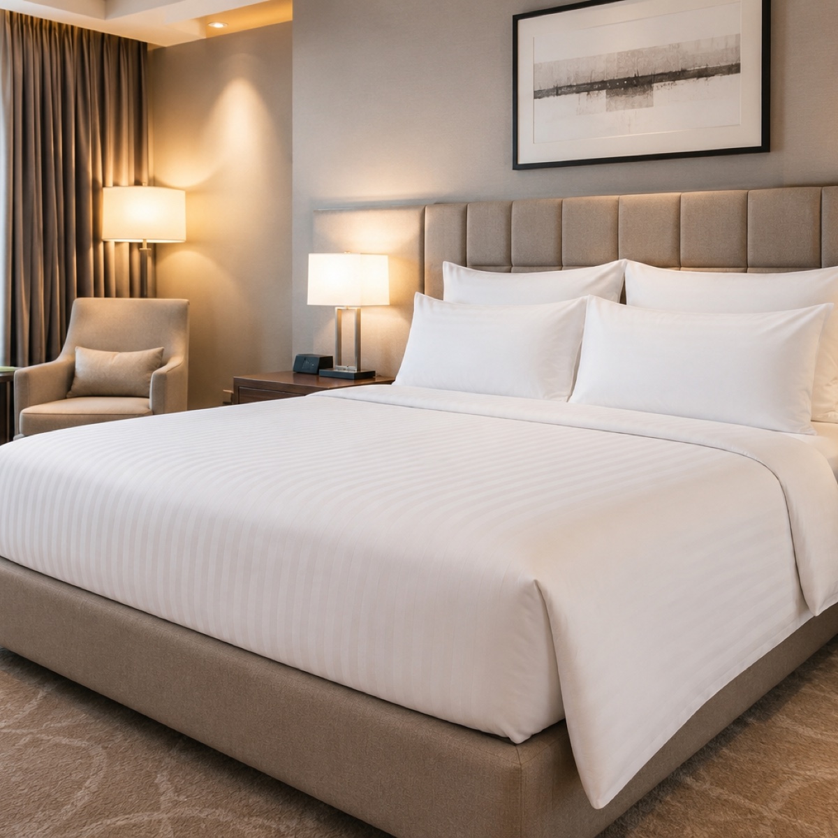 Hotelzimmer mit bezogenem Doppelbett in weißer Damast-Bettwäsche, Nachttischlampen und Sessel am Fenster.