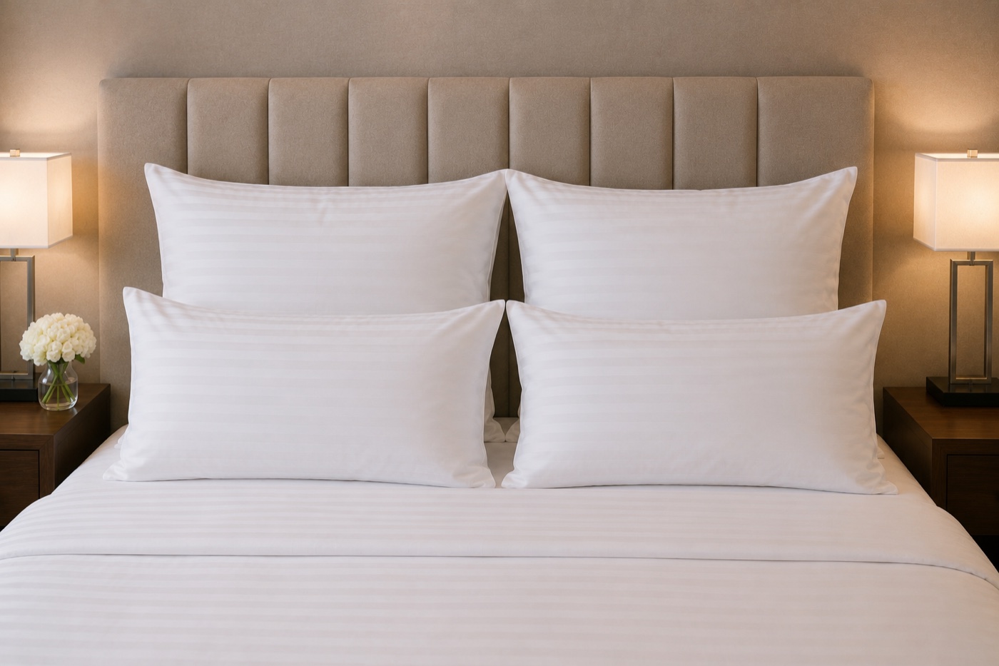 Hotelbett mit zwei weiß bezogenen Kissen der Linie Hafen.